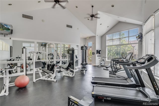 gym featuring baseboards, high vaulted ceiling, visible vents, and a ceiling fan