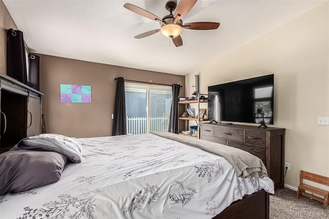 bedroom featuring ceiling fan, carpet floors, and access to outside