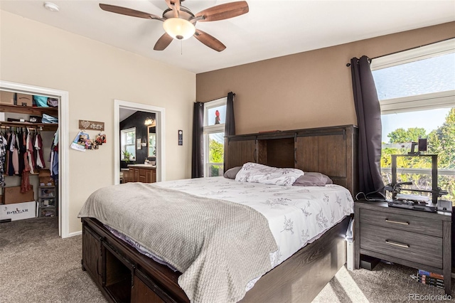 carpeted bedroom with a spacious closet, a closet, ensuite bathroom, and ceiling fan