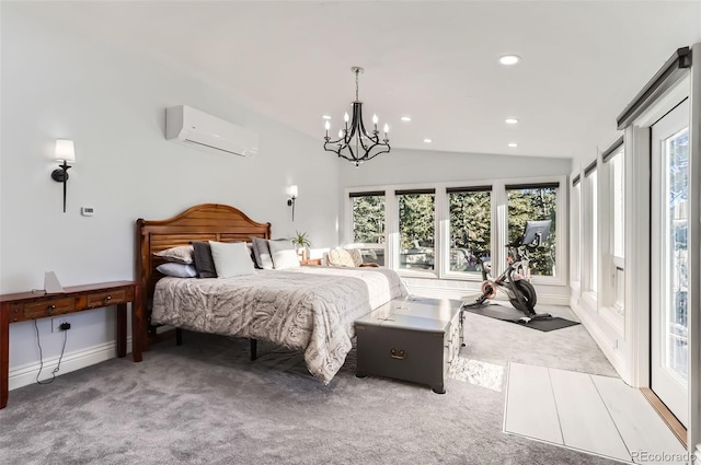 carpeted bedroom featuring a wall mounted air conditioner, recessed lighting, multiple windows, and a chandelier