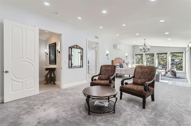living room with recessed lighting, vaulted ceiling, an AC wall unit, and light colored carpet