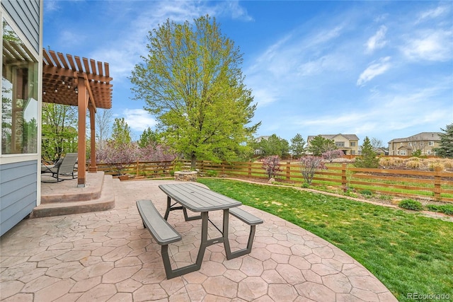 view of patio featuring a fenced backyard, a pergola, and outdoor dining space