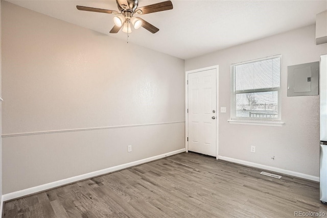 3401 W Milan Ave, Denver, CO 80236 - unfurnished room with electric panel, wood finished floors, ceiling fan, and baseboards