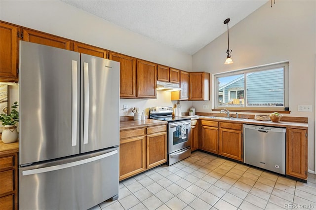 kitchen with a textured ceiling, appliances with stainless steel finishes, brown cabinets, a sink, and under cabinet range hood