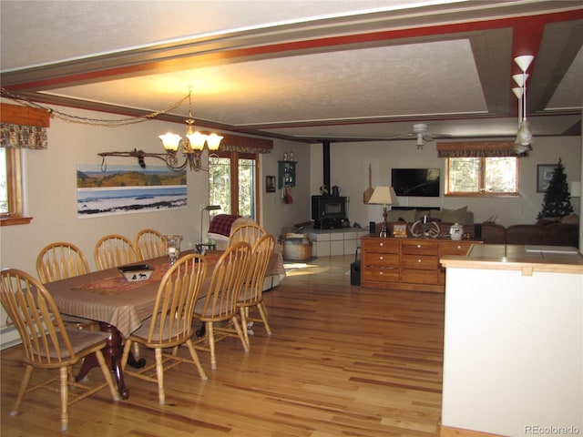 105 Ladigo Ln, Hartsel, CO 80449 - dining space with a wood stove, light wood-style flooring, and a chandelier