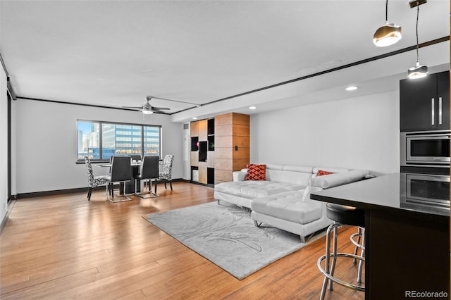 living room featuring ceiling fan and light wood-type flooring