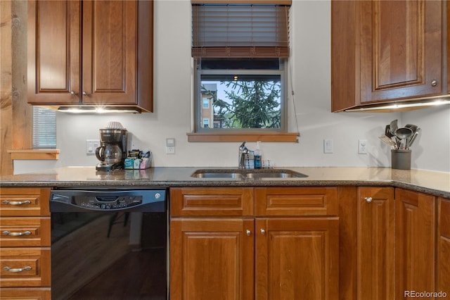 801 Trailhead Cir Unit 812, Winter Park, CO 80482 - kitchen with dishwasher, brown cabinets, and dark stone counters