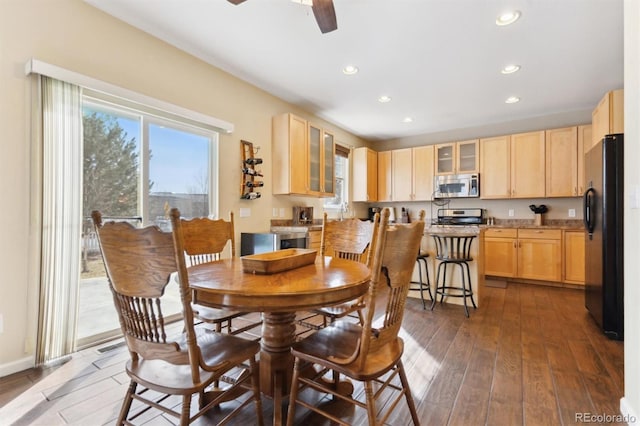 dining room featuring ceiling fan and dark hardwood / wood-style flooring