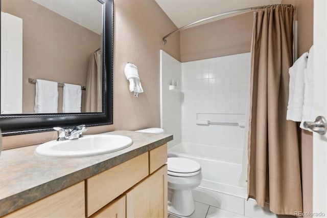 full bathroom featuring vanity, tile patterned flooring, toilet, and shower / tub combo with curtain