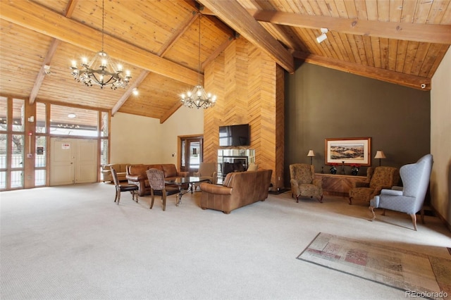 living room with carpet, wood ceiling, and a chandelier