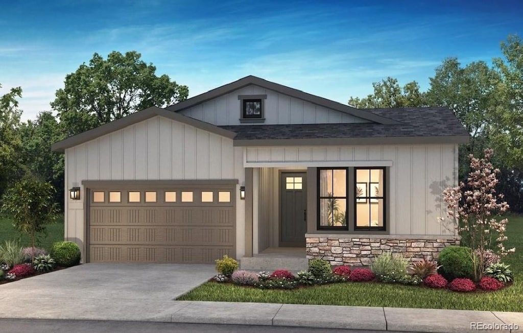 11126 Amber Light Cir, Littleton, CO 80125 - modern inspired farmhouse featuring an attached garage, concrete driveway, stone siding, board and batten siding, and roof with shingles
