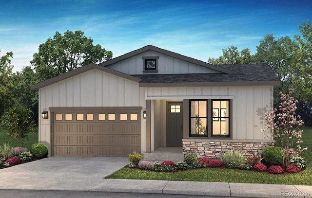 11126 Amber Light Cir, Littleton, CO 80125 - modern inspired farmhouse featuring an attached garage, concrete driveway, stone siding, board and batten siding, and roof with shingles