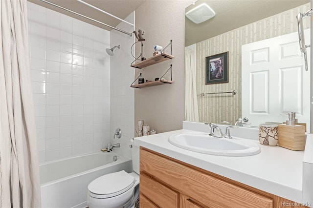 full bathroom featuring vanity, toilet, and shower / bathtub combination with curtain