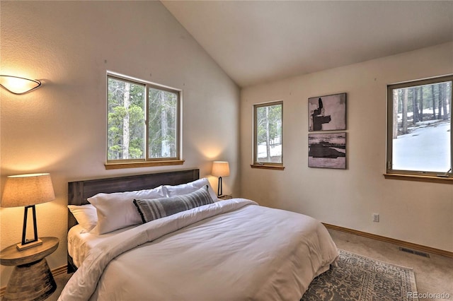 carpeted bedroom with lofted ceiling