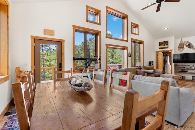 72 Overlook Ct, Idaho Springs, CO 80452 - dining room with high vaulted ceiling, a ceiling fan, recessed lighting, and hardwood / wood-style floors
