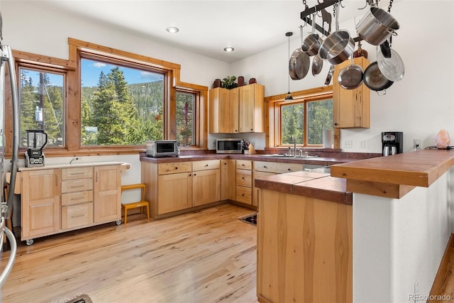 72 Overlook Ct, Idaho Springs, CO 80452 - kitchen with a sink, light brown cabinets, a peninsula, stainless steel microwave, and a toaster