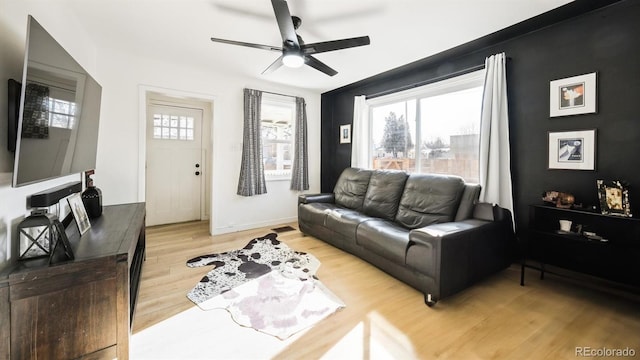 living room with ceiling fan, a wealth of natural light, and light hardwood / wood-style floors