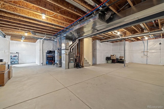 16341 Clayton St, Thornton, CO 80602 - unfinished below grade area featuring gas water heater, stairs, and heating unit