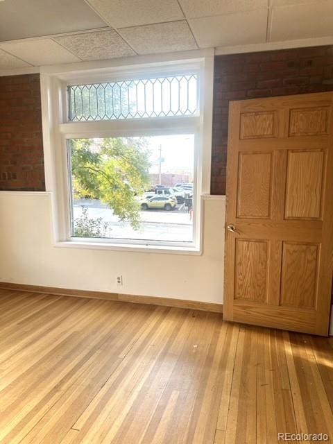 spare room featuring light wood-type flooring and a drop ceiling