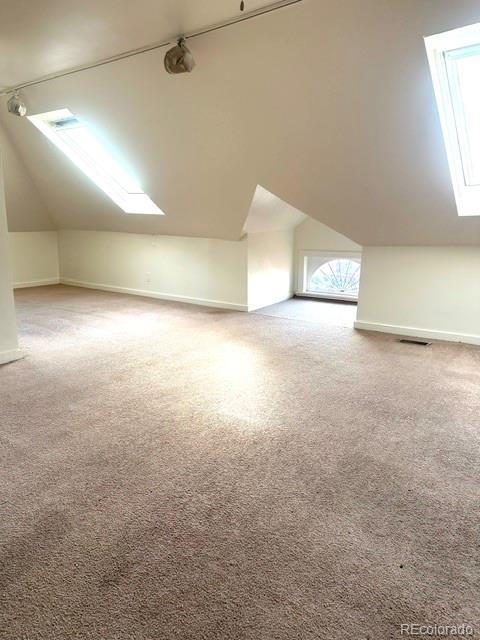 additional living space with carpet flooring and lofted ceiling with skylight