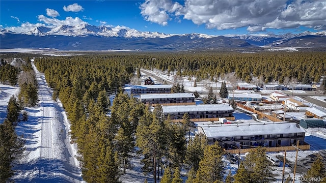 snowy aerial view with a mountain view