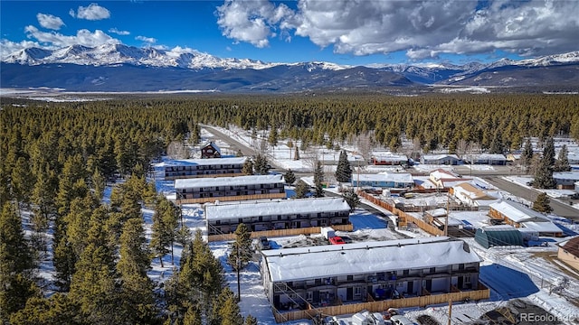 snowy aerial view with a mountain view