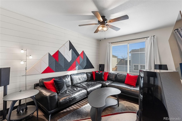 living room with ceiling fan