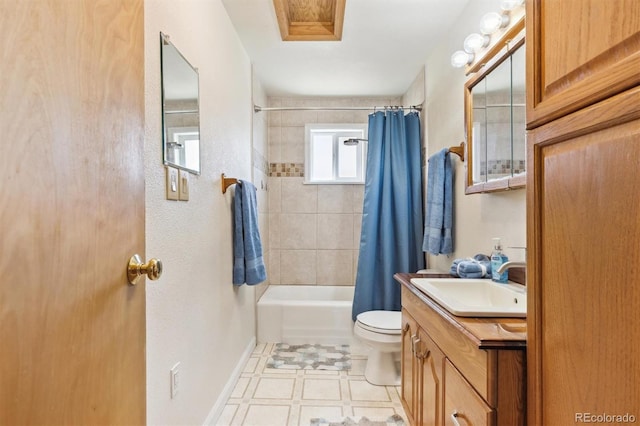 full bathroom featuring vanity, toilet, shower / bathtub combination with curtain, and baseboards