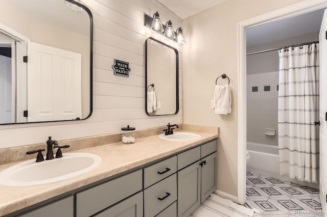 bathroom with double vanity and shower / tub combo with curtain