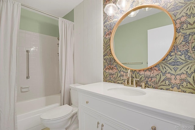 14001 E Marina Dr Unit 603, Aurora, CO 80014 - full bathroom with vanity, shower / bath combination with curtain, toilet, and wallpapered walls