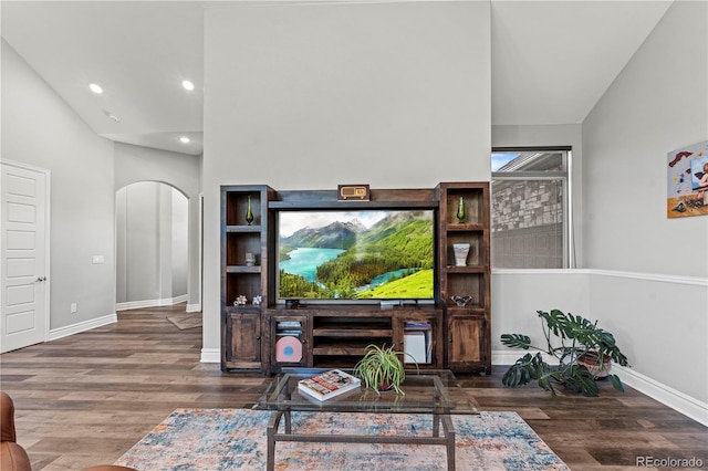 6532 S Tempe St, Aurora, CO 80016 - living area featuring arched walkways, wood finished floors, recessed lighting, and high vaulted ceiling