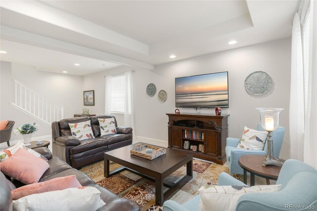 25049 E Alder Dr, Aurora, CO 80016 - living room featuring recessed lighting, stairs, baseboards, and light wood-style flooring