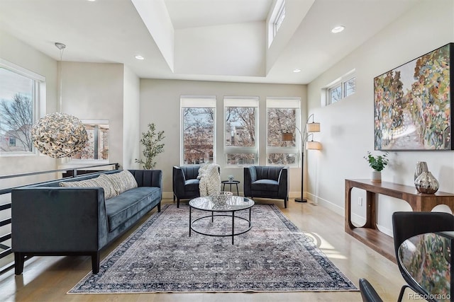 living room featuring plenty of natural light, a towering ceiling, and light hardwood / wood-style flooring