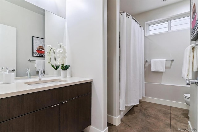 full bathroom with vanity, toilet, and shower / bathtub combination with curtain