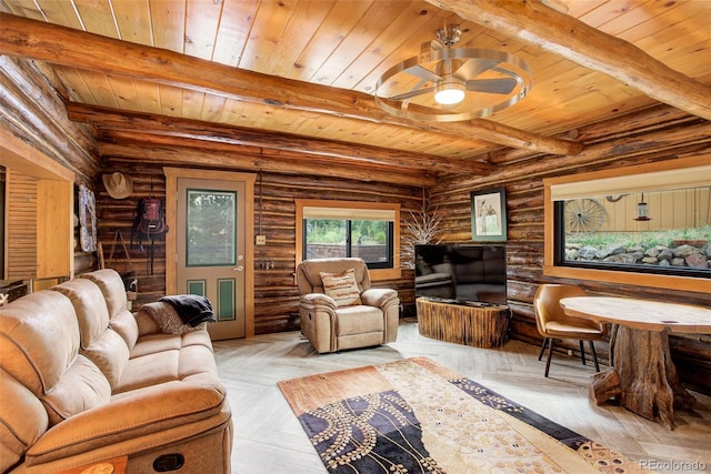 living room with beam ceiling, rustic walls, ceiling fan, and wooden ceiling