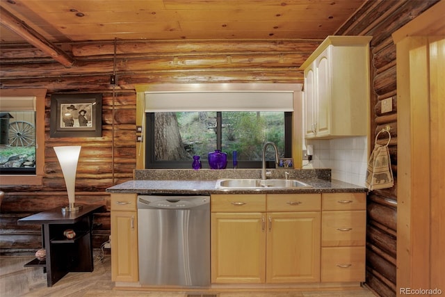 kitchen with dishwasher, rustic walls, wood ceiling, and sink