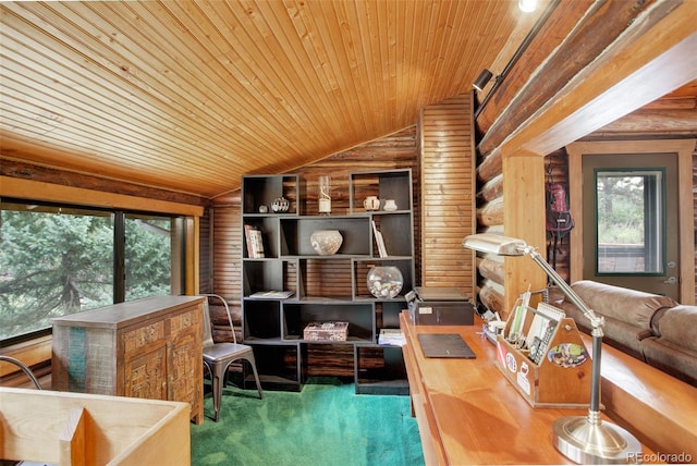 living area featuring carpet, wooden ceiling, and lofted ceiling