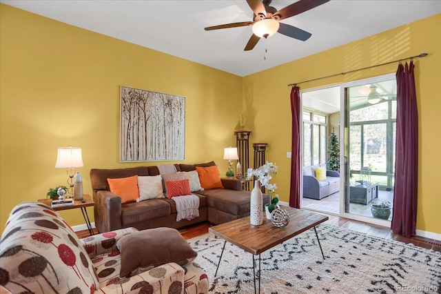 3419 Traver Dr, Broomfield, CO 80023 - living room with baseboards, wood finished floors, and a ceiling fan