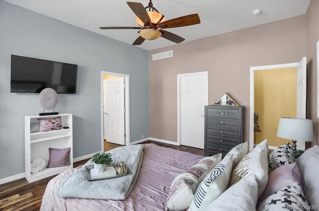 3419 Traver Dr, Broomfield, CO 80023 - bedroom featuring baseboards, visible vents, wood finished floors, and ceiling fan