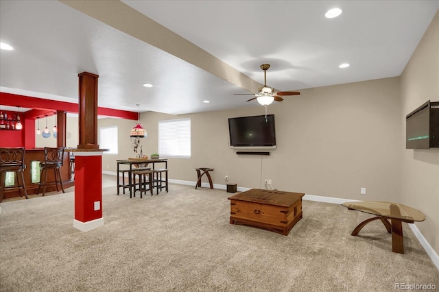 3419 Traver Dr, Broomfield, CO 80023 - living room featuring a bar, baseboards, carpet floors, and recessed lighting