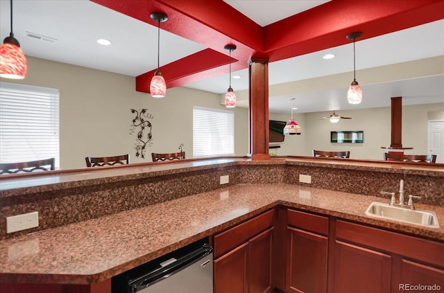 3419 Traver Dr, Broomfield, CO 80023 - kitchen featuring visible vents, ceiling fan, a sink, and pendant lighting