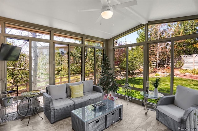 3419 Traver Dr, Broomfield, CO 80023 - sunroom / solarium with outdoor lounge area, beam ceiling, and a ceiling fan