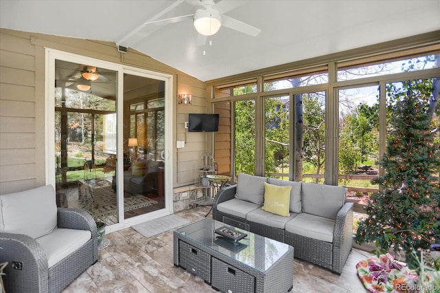 3419 Traver Dr, Broomfield, CO 80023 - sunroom featuring outdoor lounge area, beamed ceiling, and ceiling fan