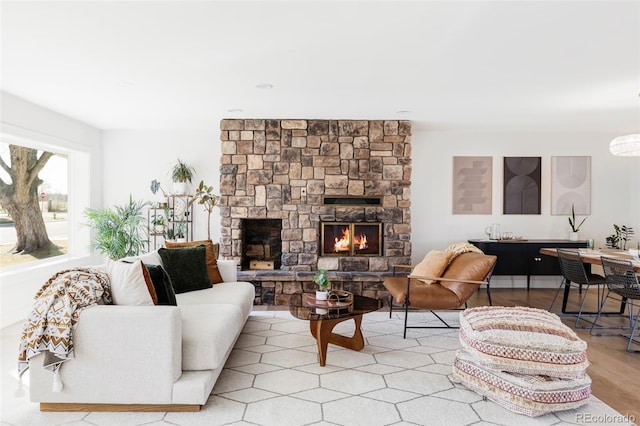 living area with a fireplace