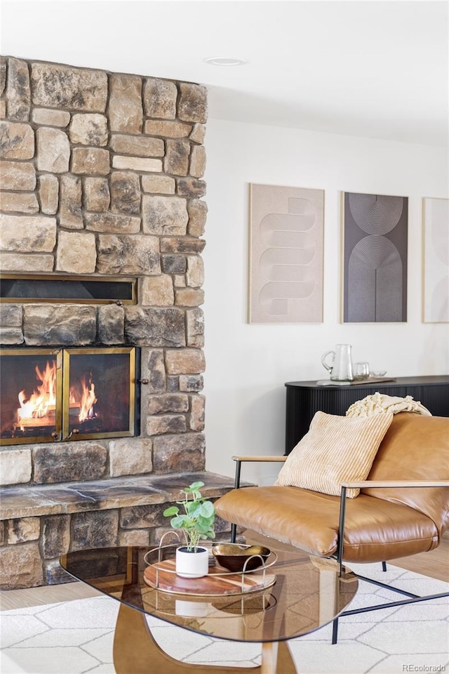 living area featuring a stone fireplace