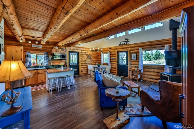 living room featuring wood ceiling, beam ceiling, log walls, and dark hardwood / wood-style flooring