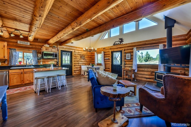 living room with dark hardwood / wood-style floors, a wood stove, beamed ceiling, and rustic walls