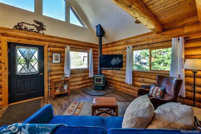 living room with beamed ceiling, dark wood-type flooring, a wood stove, rustic walls, and high vaulted ceiling