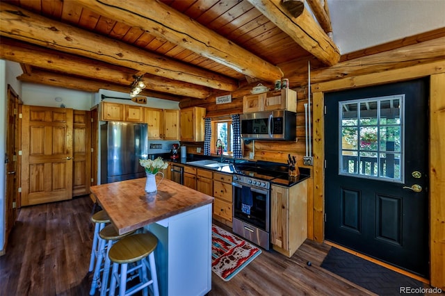 kitchen with dark wood-type flooring, beam ceiling, appliances with stainless steel finishes, and a wealth of natural light