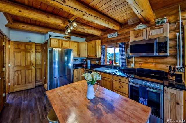 kitchen featuring wooden counters, dark hardwood / wood-style floors, beam ceiling, stainless steel appliances, and wooden ceiling